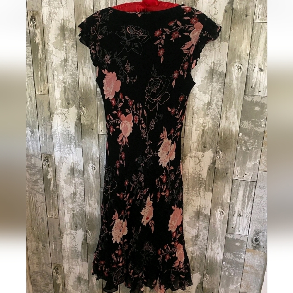 y2k black and pink floral beaded fit Vtg flare fairy Goth Whimsy dress 10 - Picture 3 of 10
